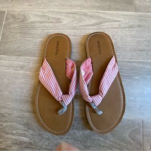 Merona flip flops with red and white pinstripe fabric